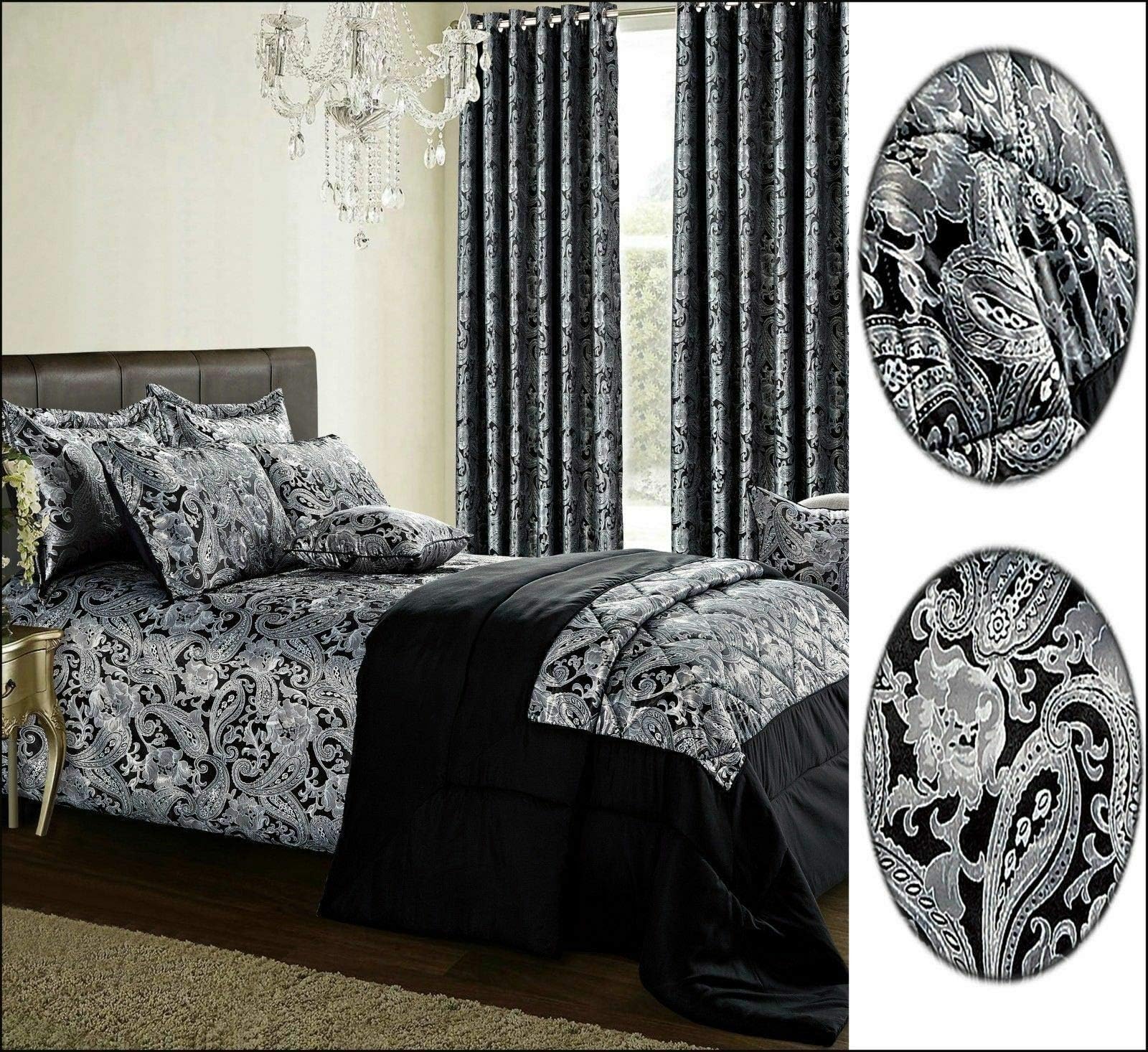 Nile Linens 3 Piece CLEO Jacqaurd Bedspread Comforter/Throw Set With Two Pillow Covers (Black, Double/King)