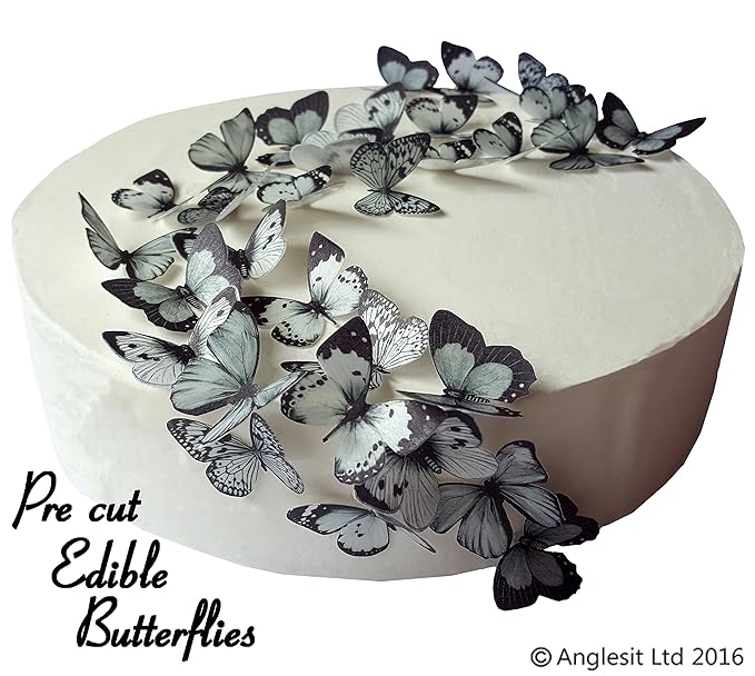 48 x Vorgeschnittene schöne schwarze & graue Schmetterlinge essbares Reispapier/Oblatenpapier Kuchendekoration, Dekoration fü