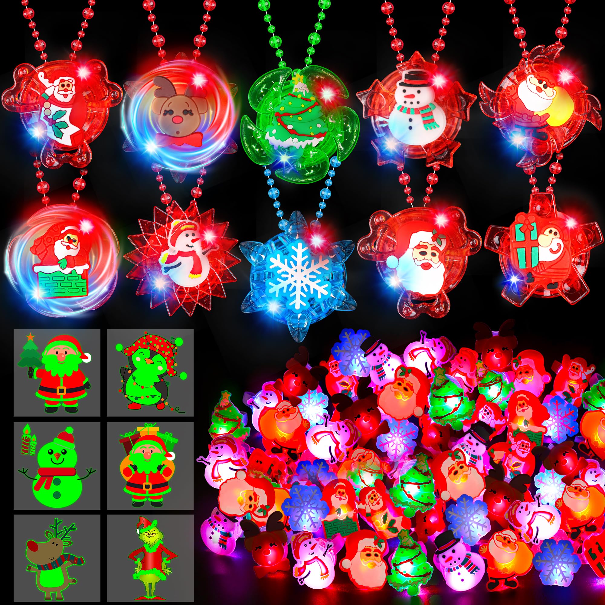 Photo 1 of 100 PCS Christmas Party Favors Bulk LED Light Up Xmas Toys, Glow in the Dark Christmas Necklaces Bracelets Rings Holiday Toys for Boys Girls Stocking Stuffers Classroom Gifts Prizes Xmas Party Favors