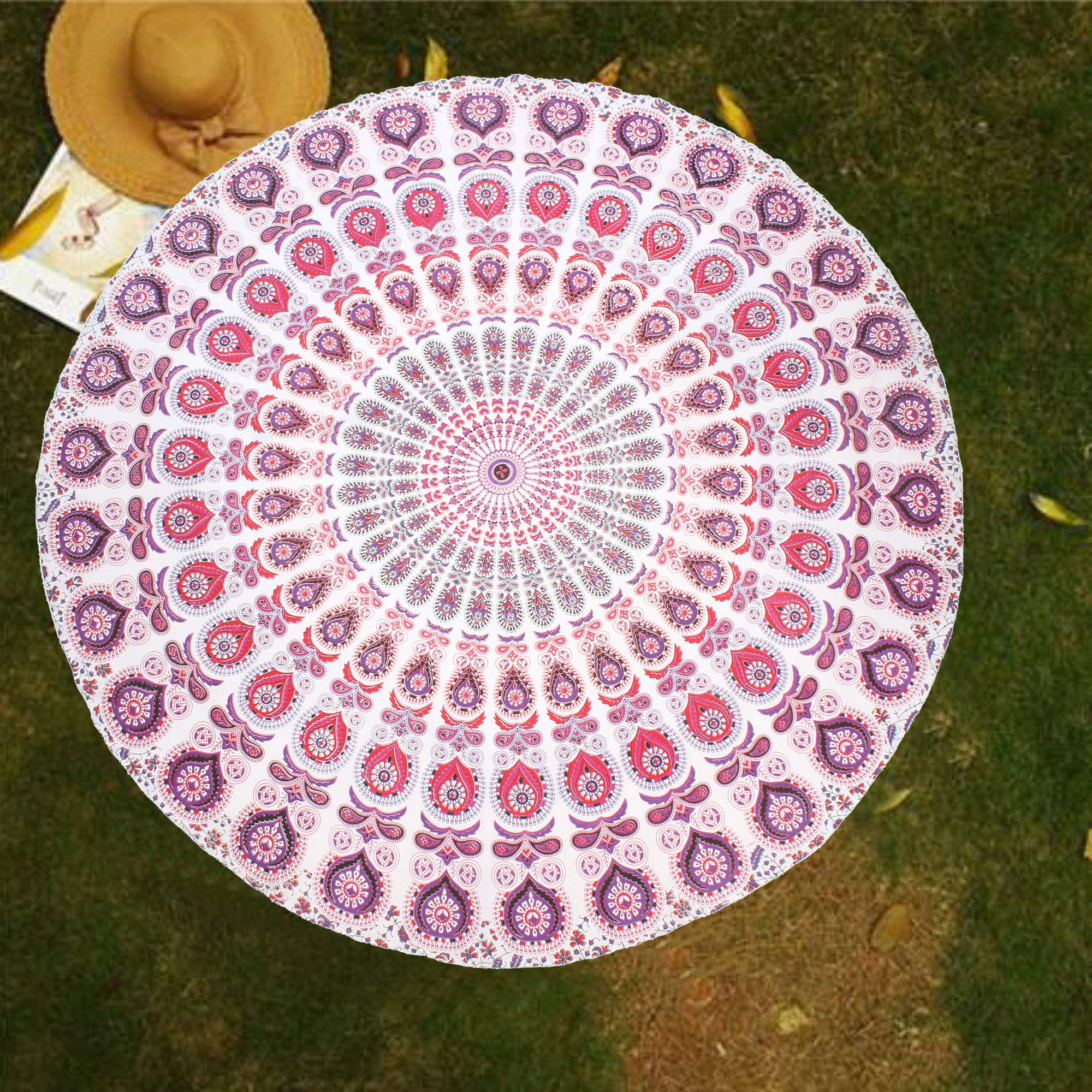 raajsee White Pink Round Beach Tapestry Hippie/Boho Beach Blanket Mandala/Indian Cotton Throw - Round Tablecloth/Home Decor/Indie Rug Yoga Mat Meditation Picnic Rugs 178 CM / 70 INCHE Circle