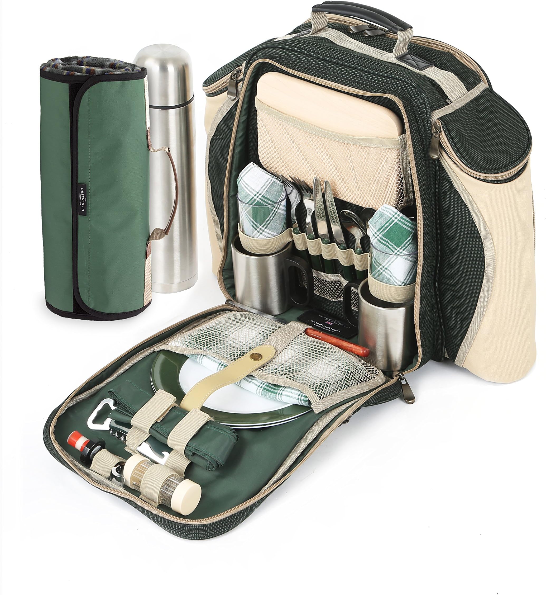 Greenfield Collection Super Deluxe Forest Green Picnic Backpack Hamper for Two People with Matching Picnic Blanket