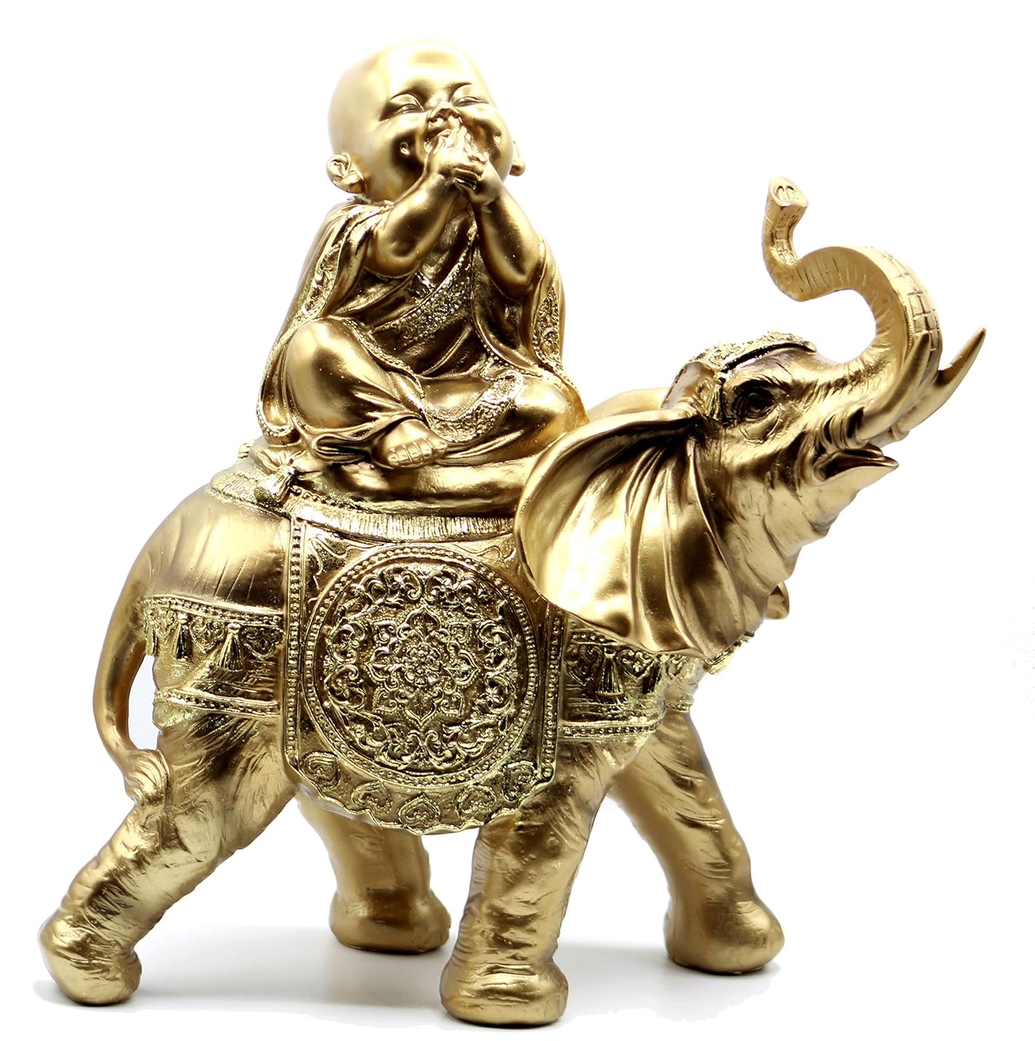 14 Inches Large Brass Color Buddha Monk Riding in Elephant with Trunk Facing Upwards Statue Figurine - by Crystal Collection