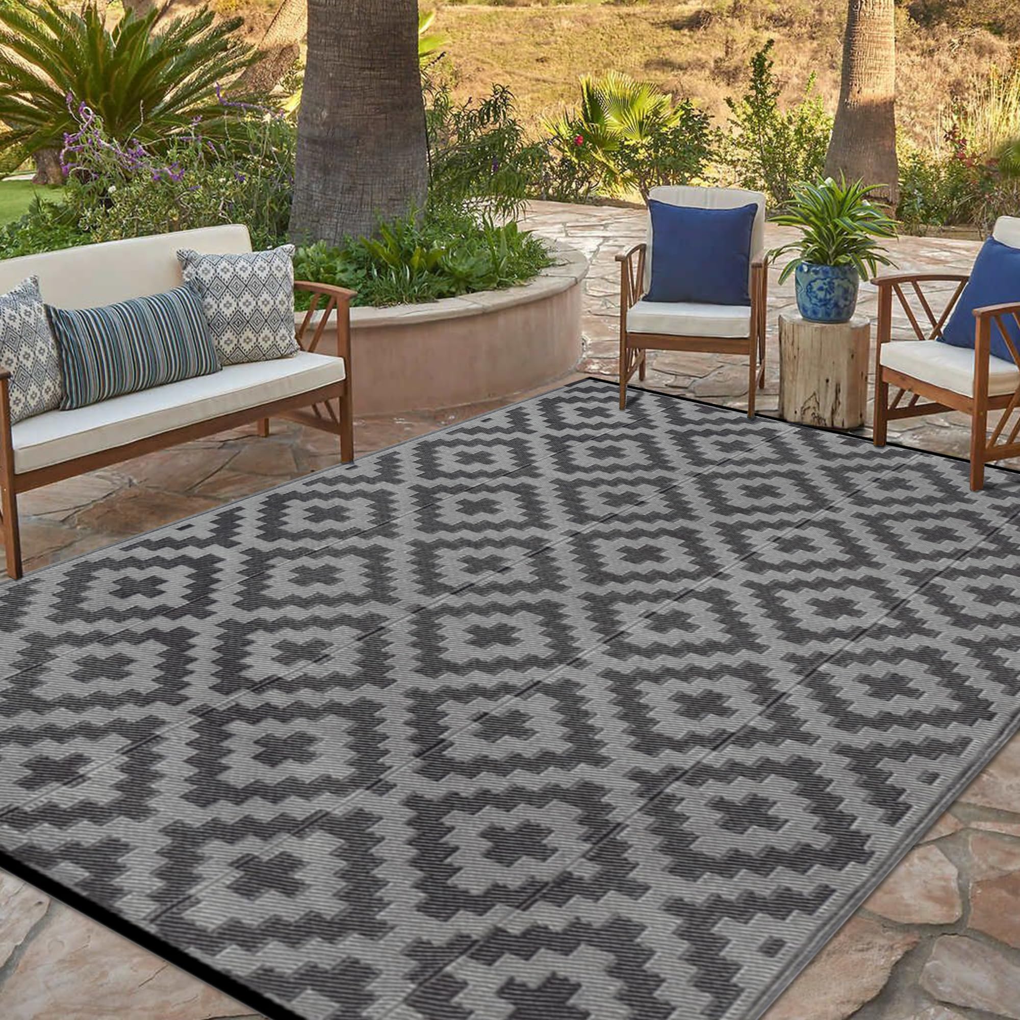 Photo 1 of SAND MINE Waterproof Outdoor Rug 6x9 ft, Plastic Reversible Rug, Modern Area Rug, Large Floor Mat for Outdoors, RV, Patio, Backyard, Deck, Picnic, Beach, Camping, Black Grey Lattice