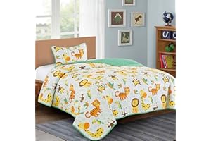 WPM WORLD PRODUCTS MART Jungle Print Teen/Kids Quilt Set Monkey Tiger Giraffe forest theme Twin Size Toddler Quilt for Toddler Bed Lion Green Animal Design Quilted Bedspread Coverlet with Pillow Sham (Safari Life, Twin)