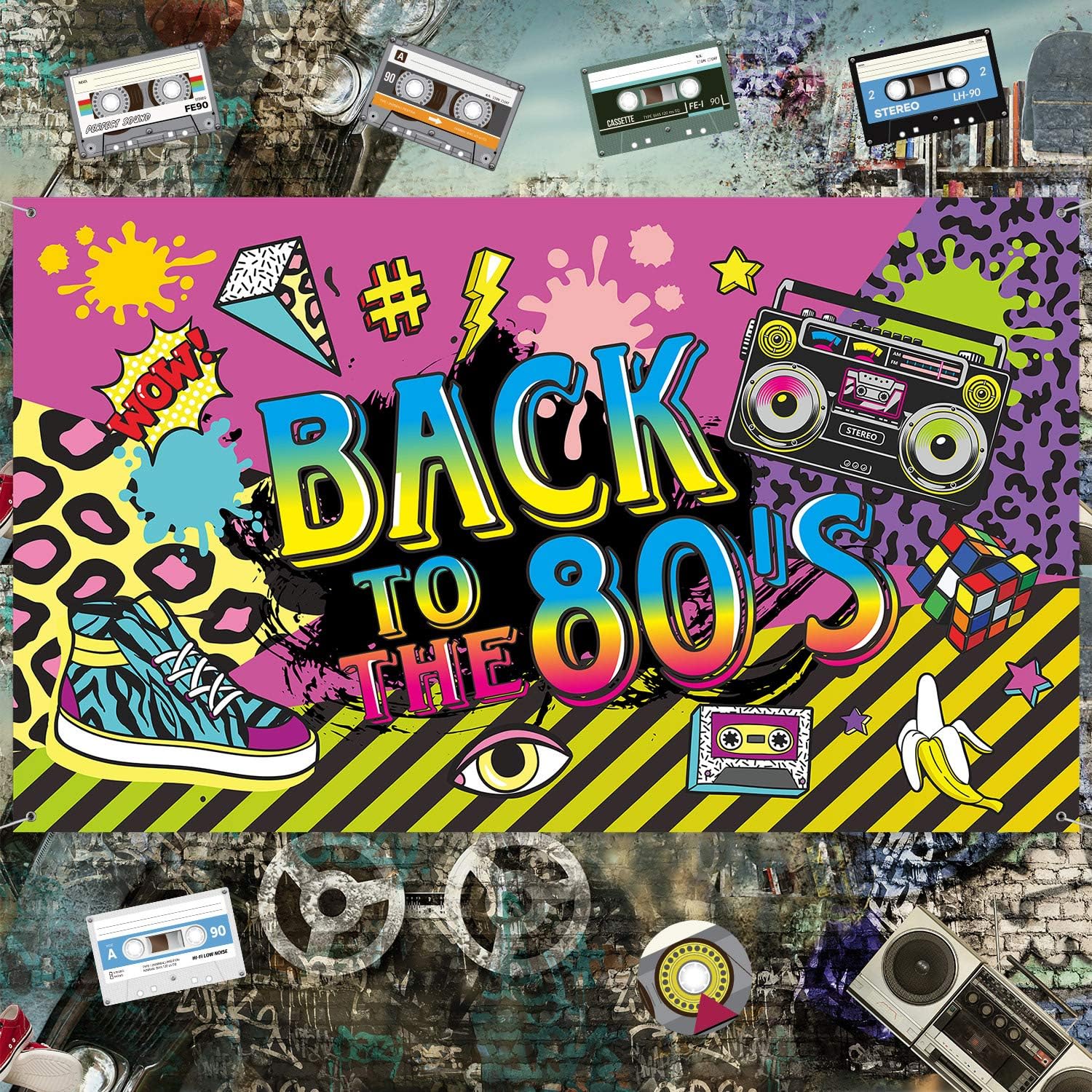 80's Party Decorations, Extra Large Fabric Back to The 80's Hip Hop Sign Party Banner Photo Booth Backdrop Background Wall Decorating Kit for 80's Party Supplies, 70.8 x 43.3 Inch: Toys & Games