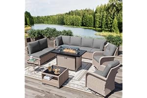 Aukreolis 11 Pieces Patio Furniture Set with Fire Pit Table, Outdoor Sectional Wicker Sofa with Thick Cushions, High Back Swivel Rocker Patio Chairs, Rattan Conversation Set with Coffee Table, Grey