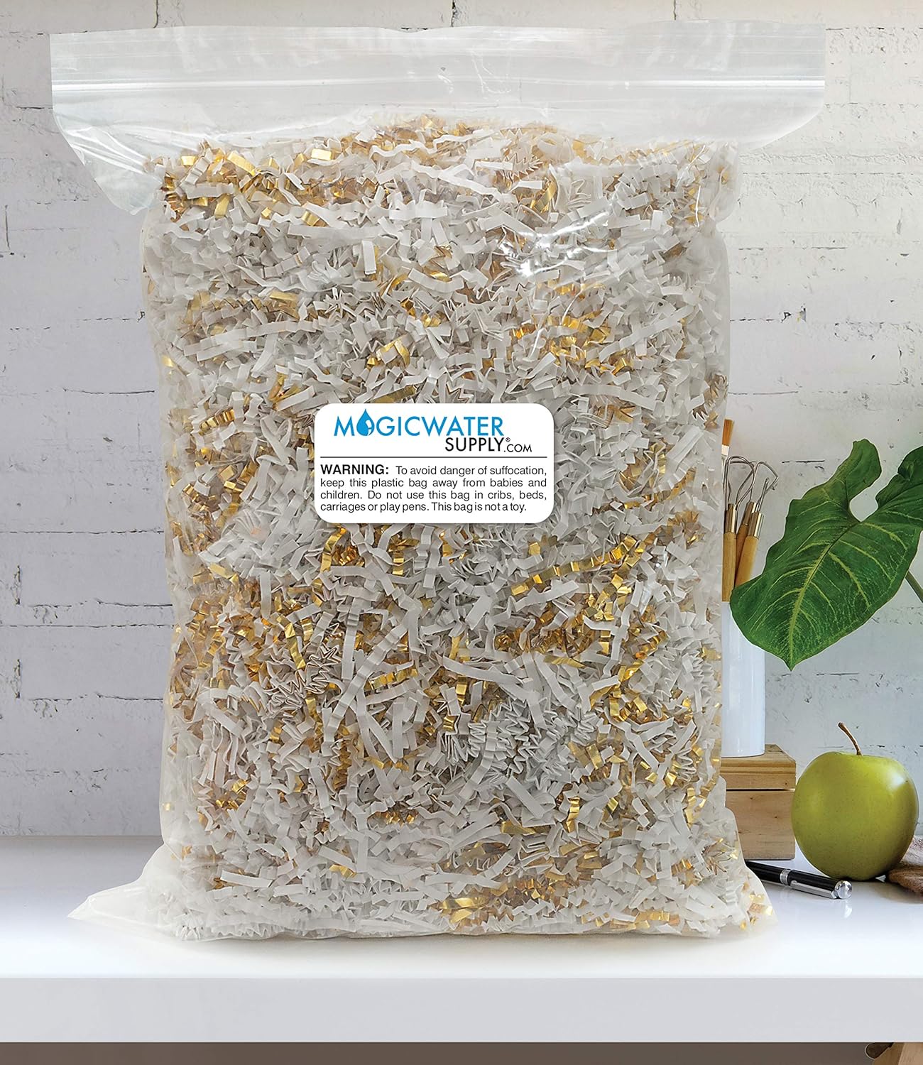 Crinkle Cut Paper Shred Filler (1/2 LB) for Gift Wrapping & Basket Filling - White & Gold | MagicWater Supply: Everything Else