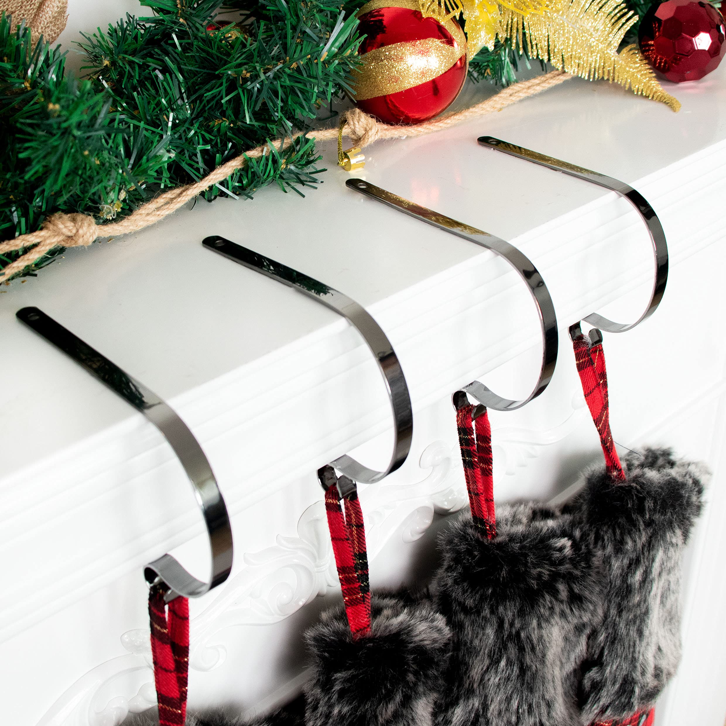 LUBOT Set of 4 Metal Christmas Stocking Holder Hooks Fireplace Hanger with Non-Skid Design Black