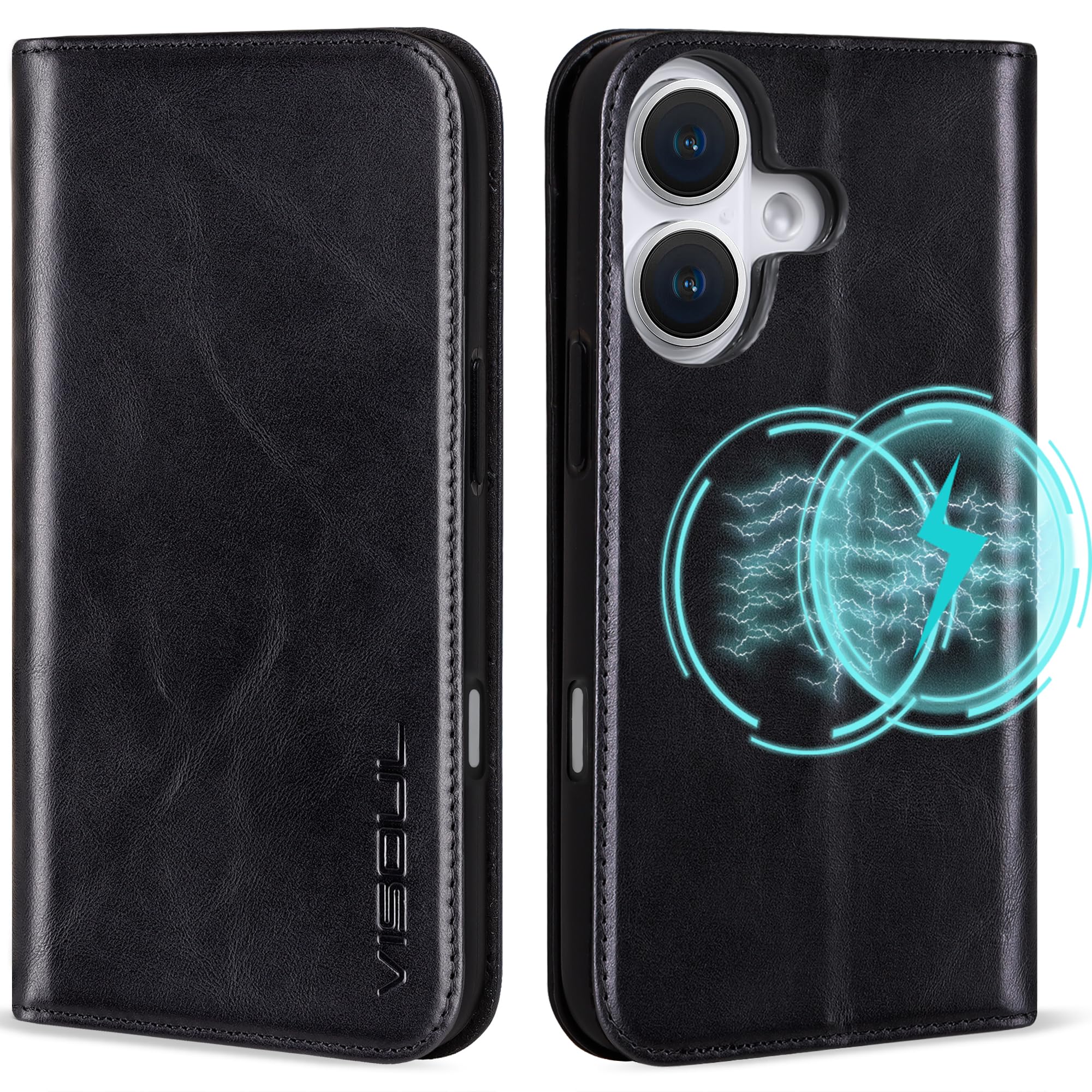 VISOUL Oil Waxed Genuine Leather Wallet Case Compatible with iPhone 16 6.1-inch 5G 2024 with Wireless Charging, 3 Card Slot, Kickstand, Magnetic Flip Cover, Shockproof TPU Shell-Black