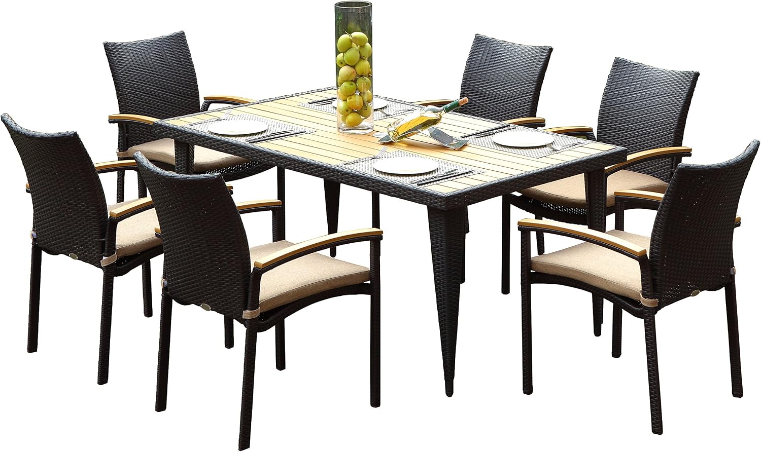 Amazon Com Secortile 7 Piece Wicker Outdoor Furniture Natural Teakwood Patio Dining Set Rectangular Table 6 Wicker Chairs Sunbrella Seat Cushions Kitchen Dining