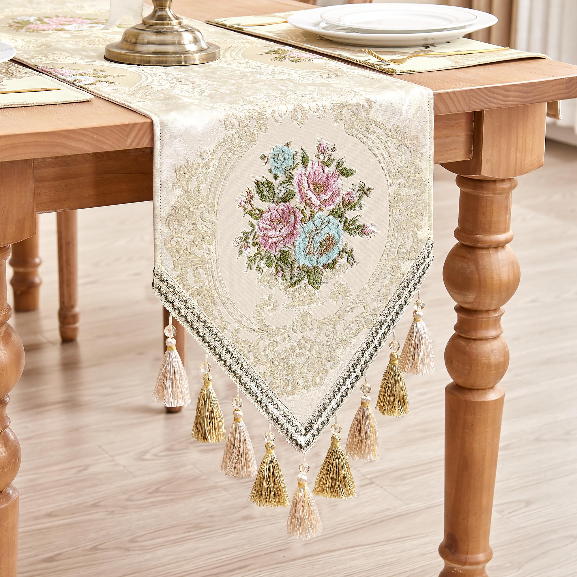 TOPLUXE Table Runner with Tassels, Floral Table Runner for Dining Room/Restaurant/Banquet/Festival Decoration (33x180cm, Beige)
