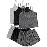 Notktgh 3 Sets for Women Ribbed Pajamas Set Crop Top and Shorts Button Lounge Set Sleeveless Pjs Sleepwear