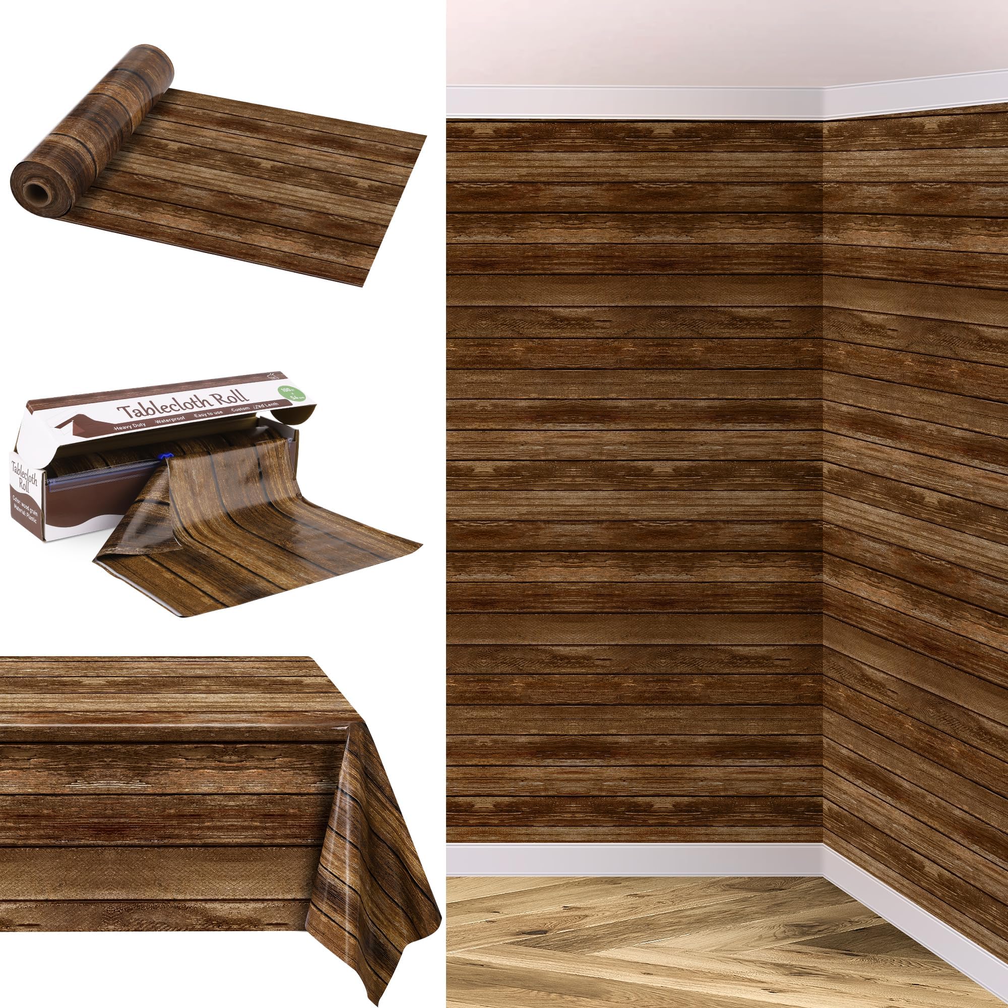 Photo 1 of Kochorie 100 Ft x 54 Inch Wood Grain Tablecloth Roll in Slide Cutter Box Disposable Rustic Backdrop Vintage Table Cover Western Themed Bulletin Board Plastic Roll for Barn Birthday Classroom Decor