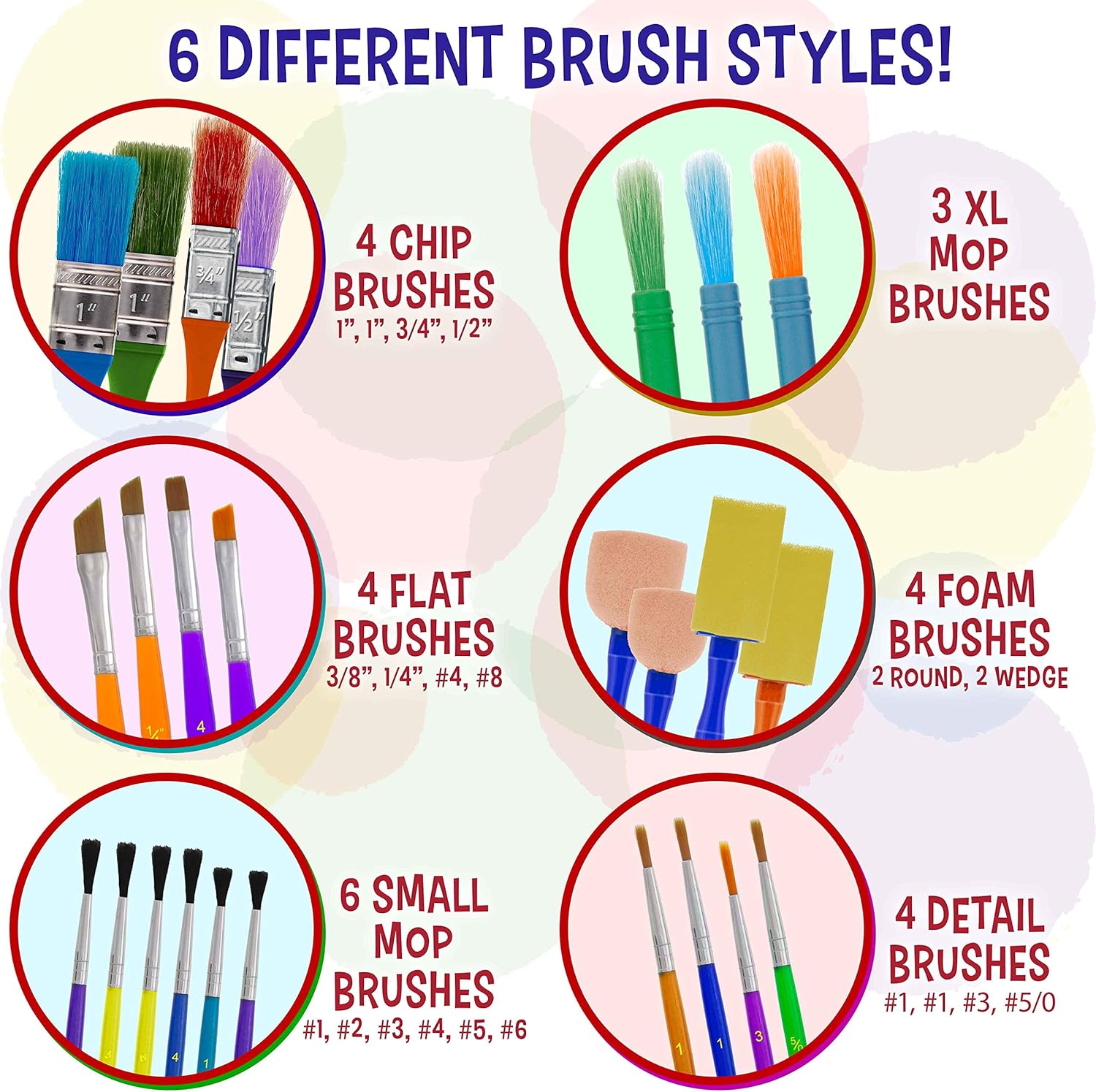 U.S. Art Supply 25-Piece Children's All Purpose Paint Brush Set - Artist Variety Value Pack, 6 Types, Flat, Round, Chip, Mop, Foam Tipped Brushes - Fun Kid's Party, School Student Class Craft Painting: Kitchen & Dining