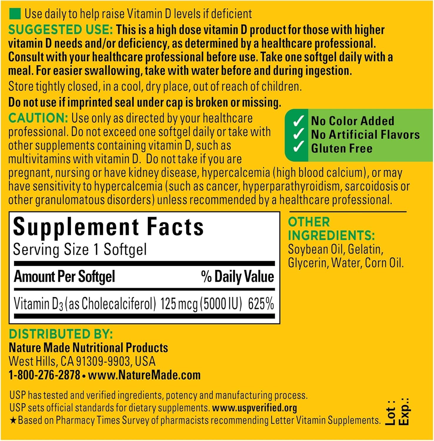 Nature Made Extra Strength Vitamin D3 5000 IU (125 mcg) Softgels, 180 Count for Bone Health† (Packaging May Vary): Health & Personal Care
