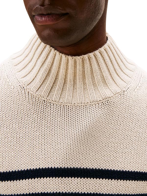 Pull Homme Breton Cotton Stripe avec Col Cheminée, Multicolore (Oatmilk HTR/Desert Sky), L — photo 3 sur 5