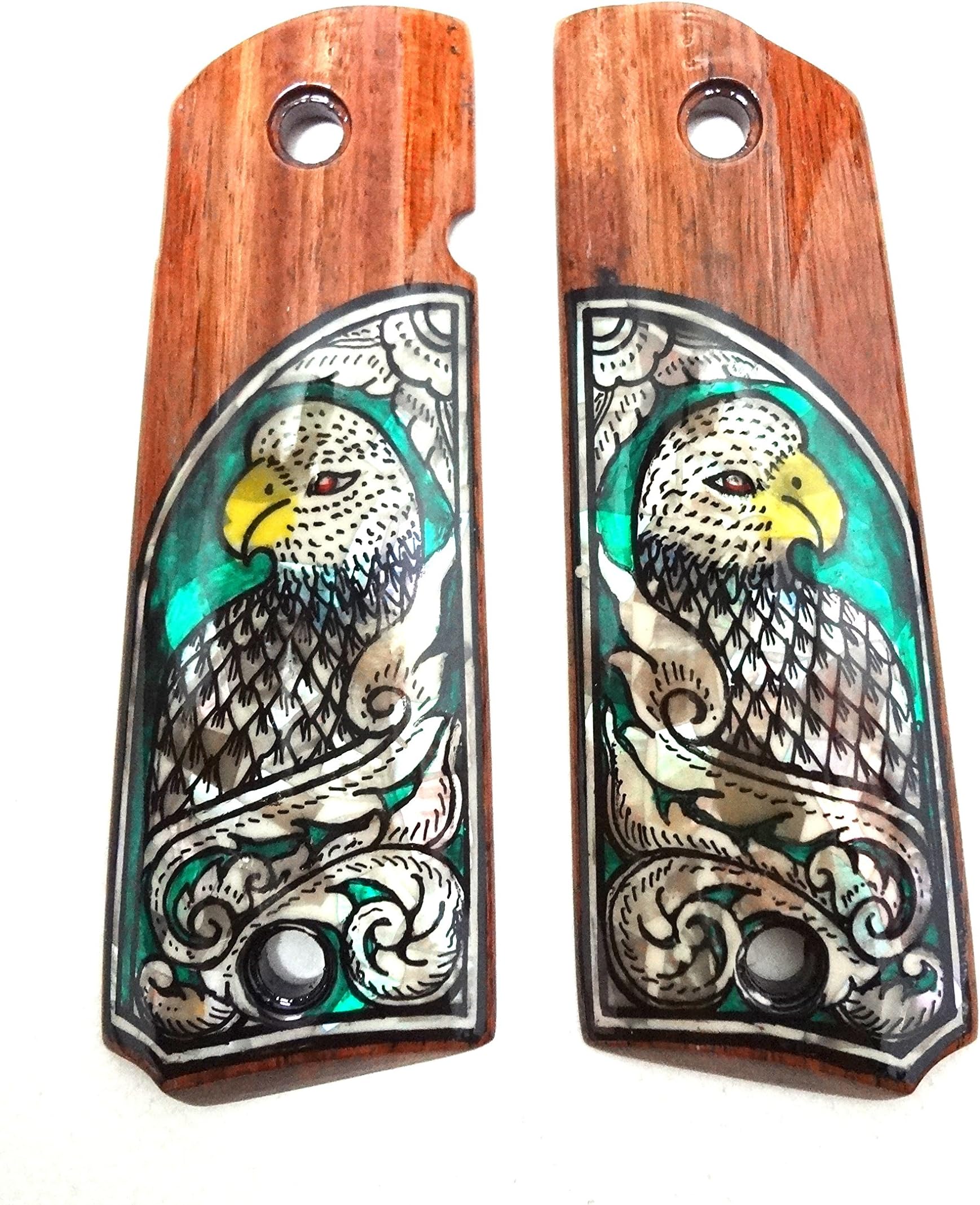 Sri Lanna Mother of Pearl Inlay 1911 Grips Fit with Colt S&W Kimber Springfield Green Bird