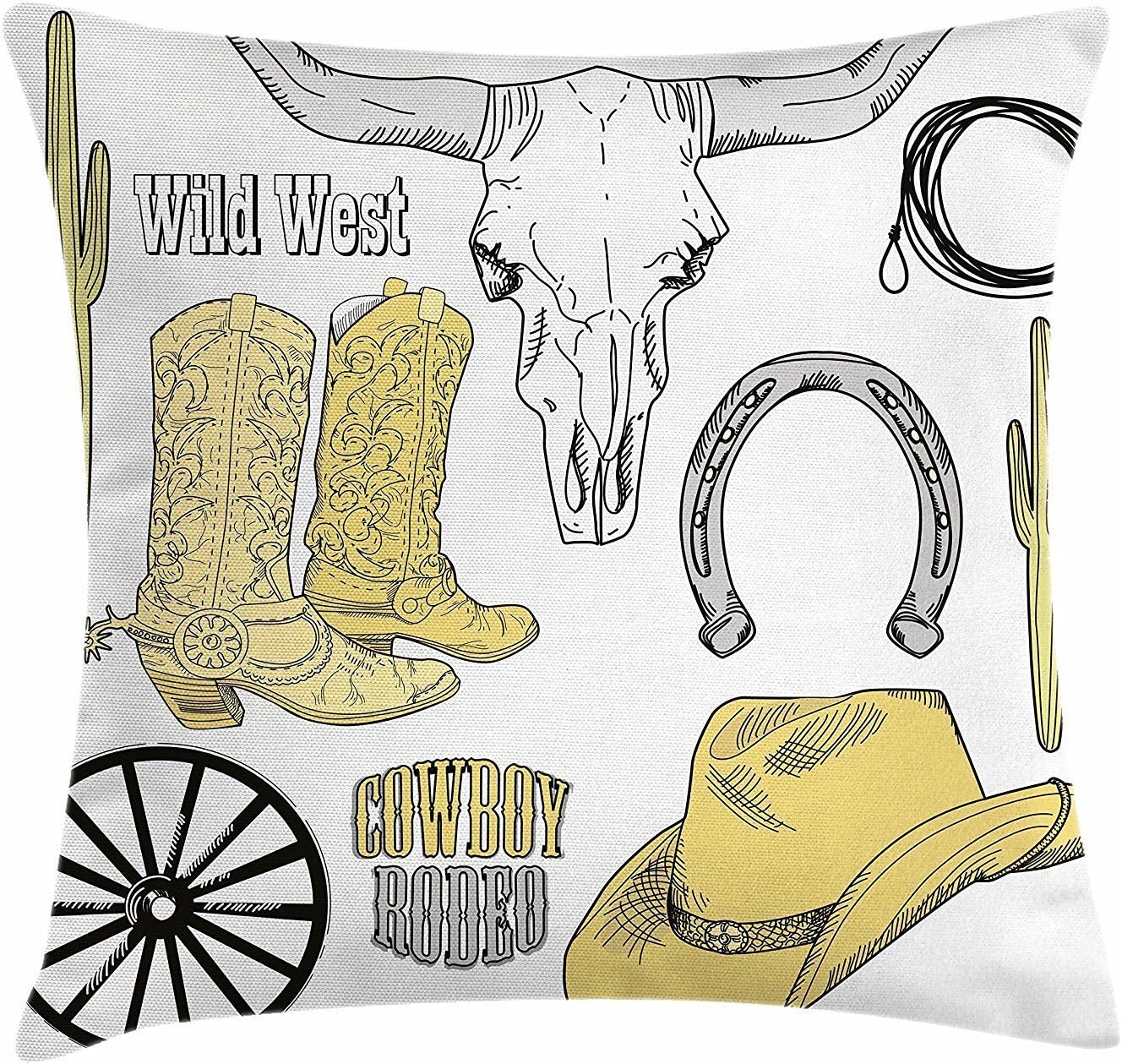 DCOCY Western Throw Pillow Cushion Cover, Cowboy Rodeo Accessories Skull Lasso Hat Vintage Wheel Horseshoe, Decorative Square Accent Pillow Case, 18 X 18 Inches, Light Brown Black Light Grey