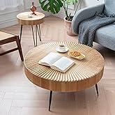LONYKE 2-Piece Farmhouse Nesting Table Round with Handcrafted Wood Radial Pattern, Modern Coffee Table Set for Living Room