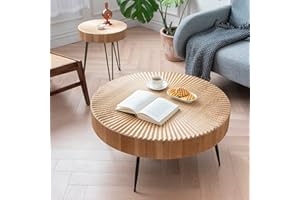 LONYKE 2-Piece Farmhouse Nesting Table Round with Handcrafted Wood Radial Pattern, Modern Coffee Table Set for Living Room