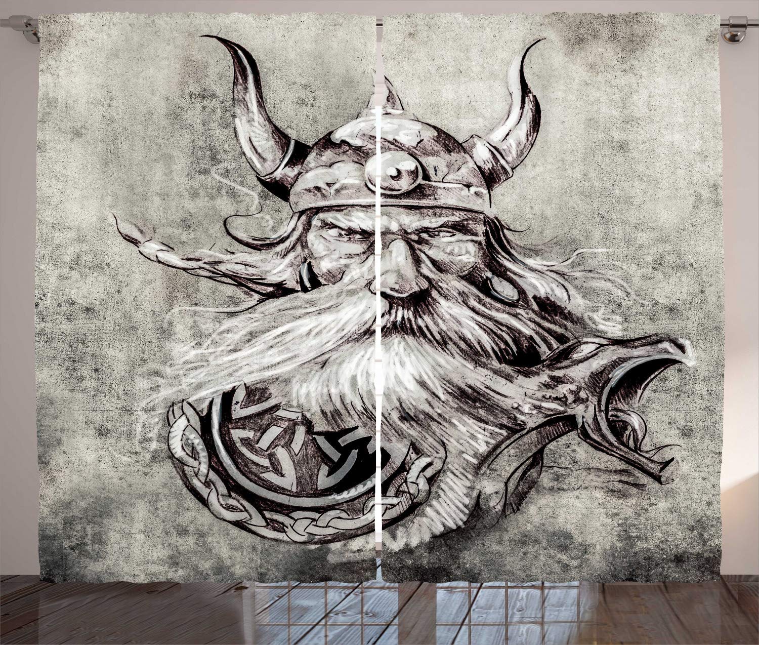 ABAKUHAUS Tattoo Curtains, Pencil Drawing of a Brave Viking Warrior Armour Image Adventure, Living Room Bedroom Window Drapes 2 Panel Set, 280 x 225 cm, White and gray