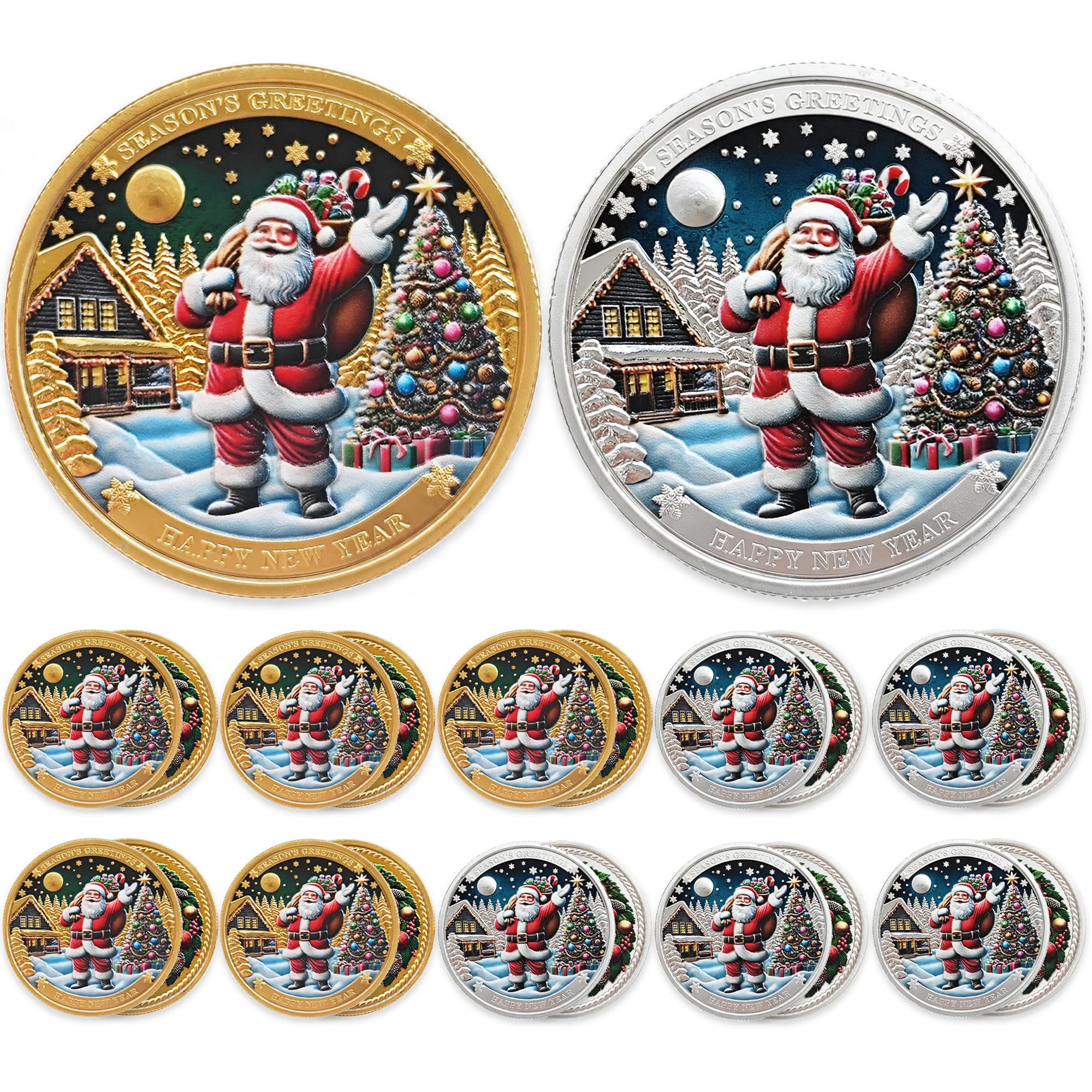 10 Pcs Christmas Challenge Coin, Santa Claus Coin Gold Silver 1.57"