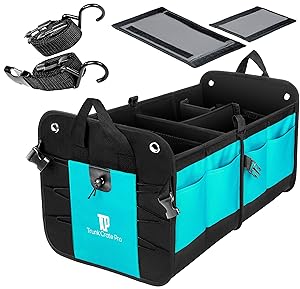 Trunkcratepro Premium Quality Collapsible Portable Heavy Duty Multi Compartments Trunk Organizer with non-skid bottom for auto, car, suv, truck, mini van, home, rv Cyan Green