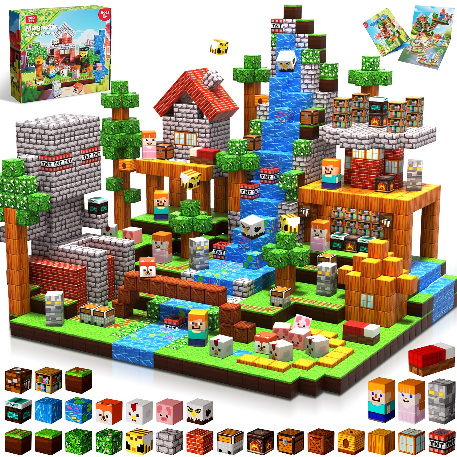 Goody King Magnetische Bausteine 200 Teile Set - Magnetbausteine mit Wald-Wiesen-Thema - Tiere & Flüsse - Magnetblöcke Montessori Spielzeug ab 3-9 Jahren - Magnetic Blocks STEM Geschenke für Kinder