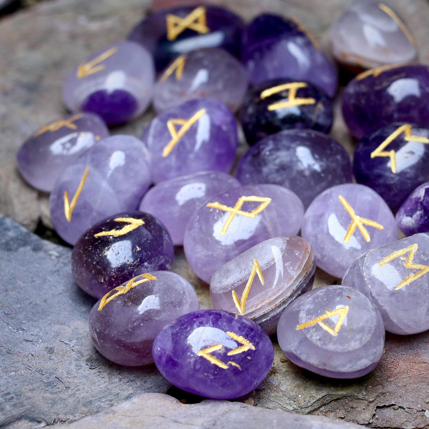 Indoor Fountains & Accessories - Crocon Amethyst Gemstone Rune Stones Set with Elder Futhark Alphabet Engraved Symbol 25 pcs Set for Feng Shui Chakra Balancing Reiki Healing Crystal Runes Stones Set Size: 15-20 mm