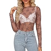 Diosun Womens Mesh Sheer Tops Long/Short Sleeve Mock Neck Sexy See Through Shirts Lace Floral Blouses Y2K Layering Top