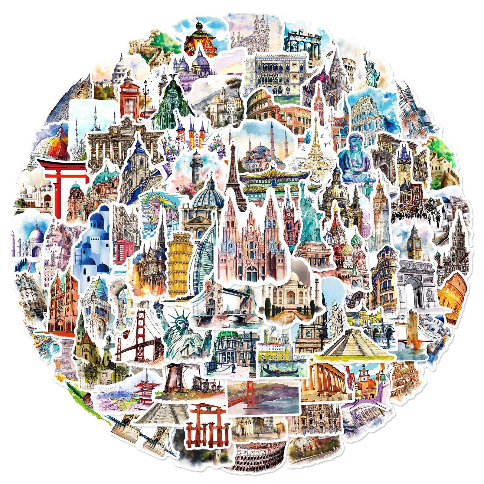 100 Pcs Famous Buildings Stickers for Luggage,Bumper,Skateboard, Guitar,Laptop,Water Bottle,Helmet,Scrapbook,World Famous Vinyl Sticker,Tourism Landmarks Waterproof Decals,Gift for Teens Adults Girls
