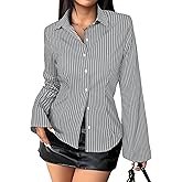 Gleeivy Striped Button Down Shirts for Women Dress Shirt Slim Fit Long Sleeve Casual Collared Work Blouse Y2K Fall Outfits