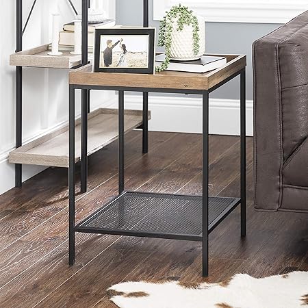 Eden Bridge Designs Modern Industrial Square Side Table Tray Table Nightstand For Living Room Or Bedroom Laminate Metal Legs Mesh Metal Shelf Rustic Oak Amazon Co Uk Kitchen Home