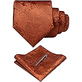 JEMYGINS Mens Solid Color Paisley Necktie and Pocket Square with Tie Clip Sets