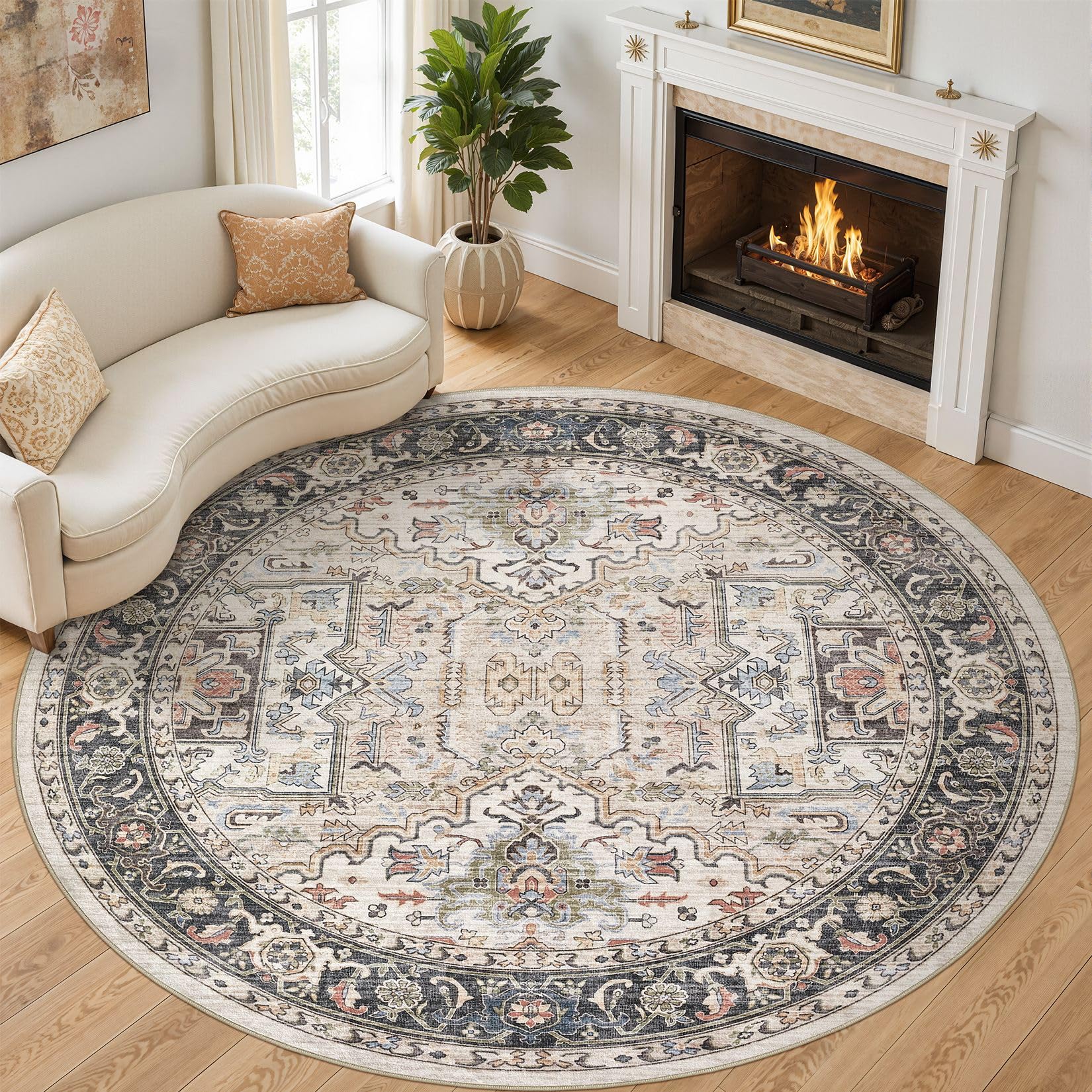 Photo 1 of Area Rug for Living Room - 8x8 Large Soft Washable Oriental Vintage Floral Carpet Safe for Babies & Pets - Fade Stain Resistant Non Slip Rugs for Bedroom Dining Room Nursery Dorm Office Home Decor
