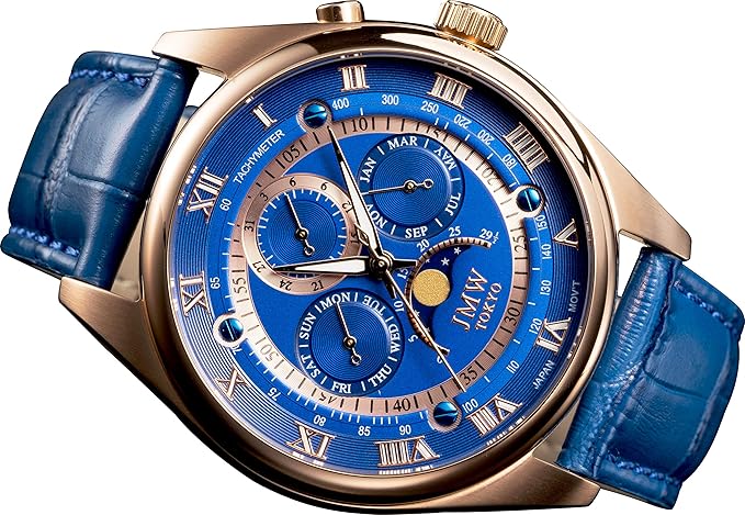 Amazon Jmw Tokyo 腕時計 メンズ 防水 上級 ムーンフェイズ ブルー ゴールド 本革 ベルト ローマ数字 インデックス 100m防水 タキメーター 世界限定300本 メンズ腕時計 腕時計 通販