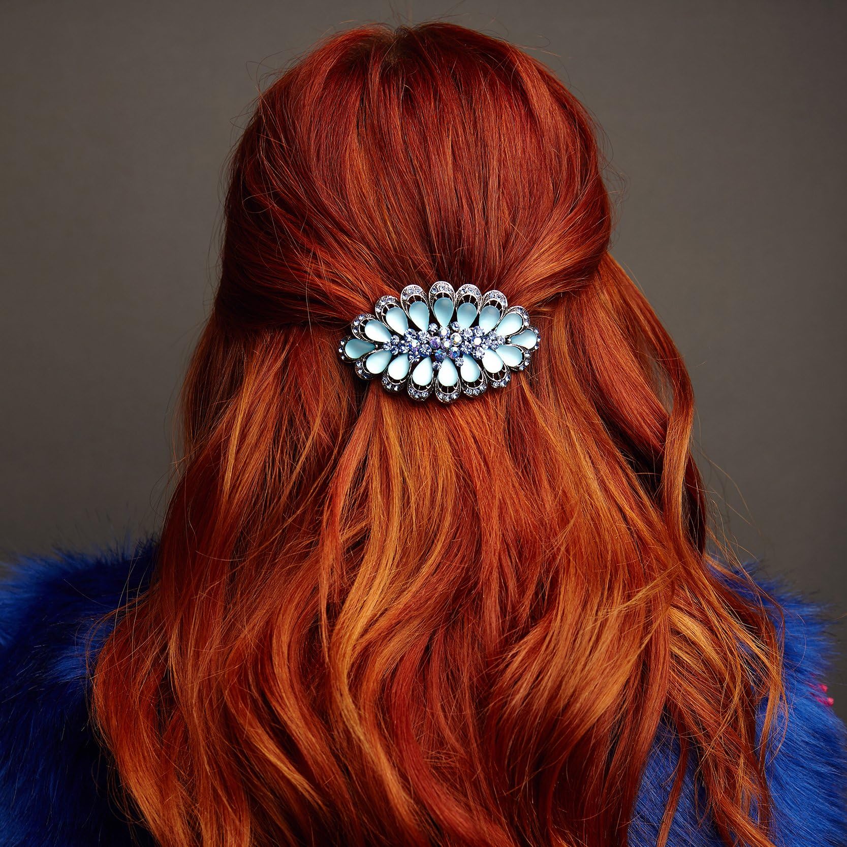 Silver Hair Clip Rhinestone Hair Accessory Large Hair Clip Crystal Hair Clasp with Antiqued Finish by QueenMee (Blue)