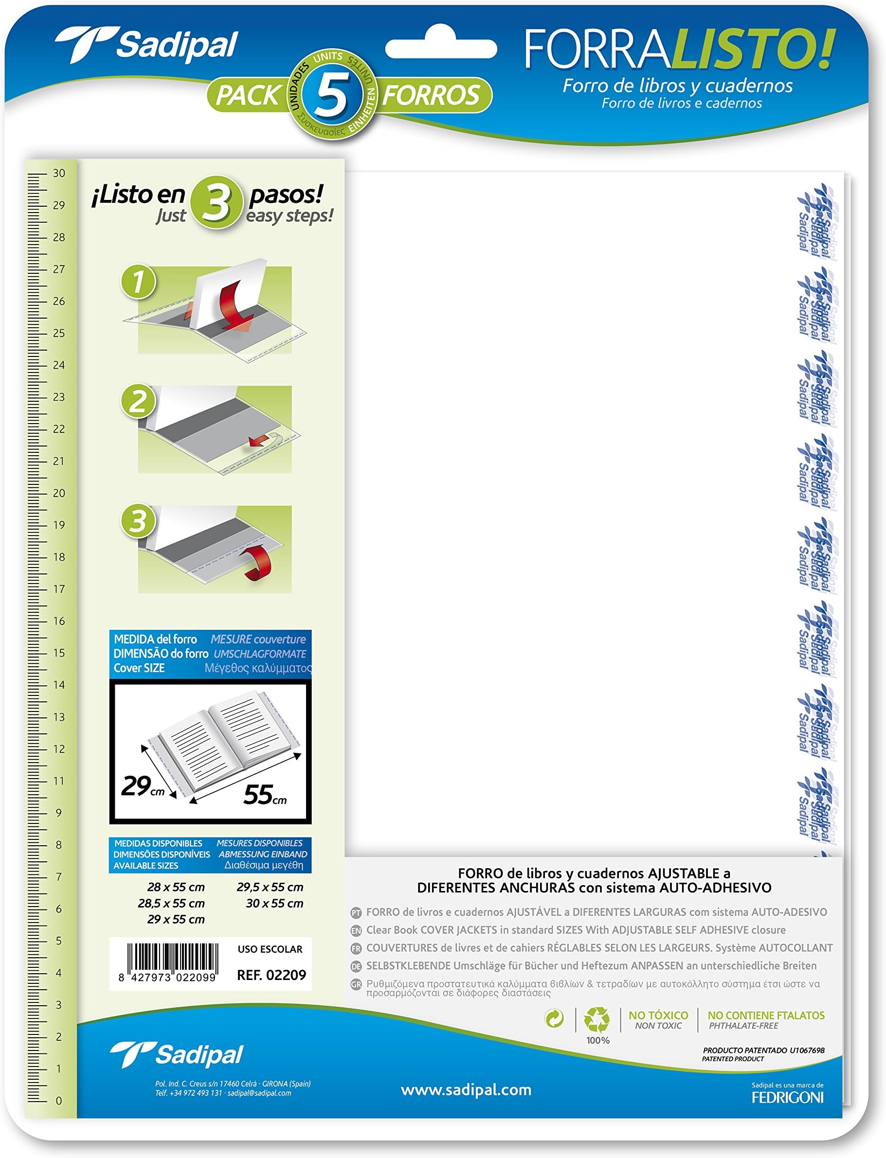 Sadipal2209 - Blister Pack with 5 Covers for Books, 29 cm High