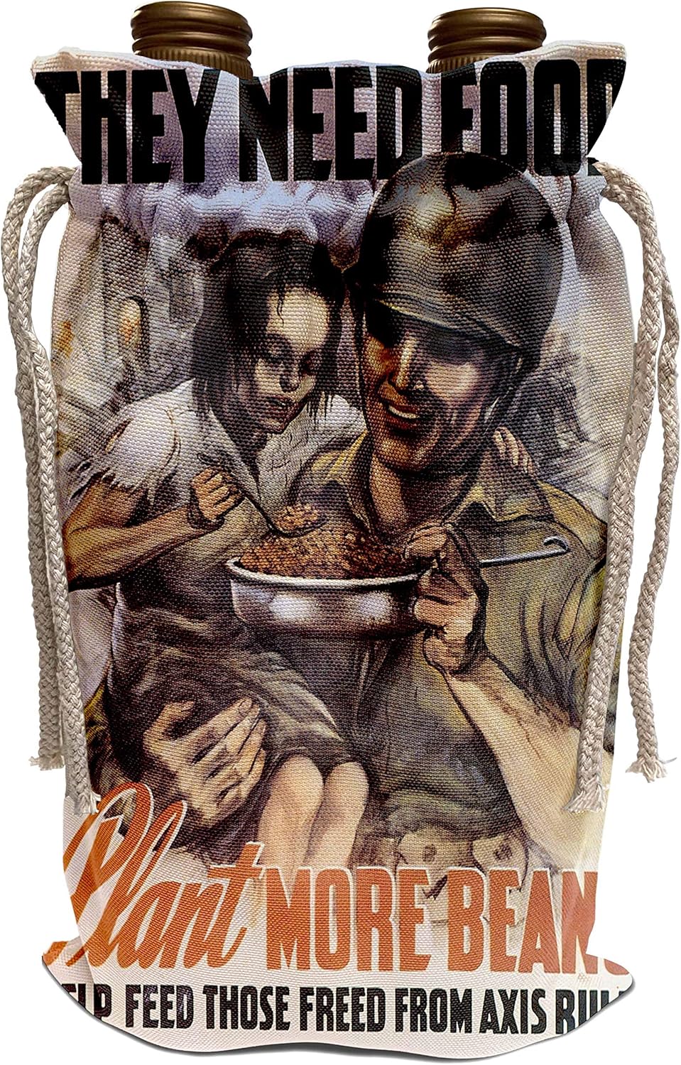 3dRose BLN Vintage World War I and World War II Posters - Vintage They Need Food Plant More Beans WPA Poster - Wine Bag (wbg_149470_1)