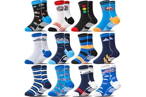12 Pairs Baby Boys Grips Socks for Kids Toddlers Infants Non Skid Anti Slip Funny Cartoon Crew Cotton Breathable Socks