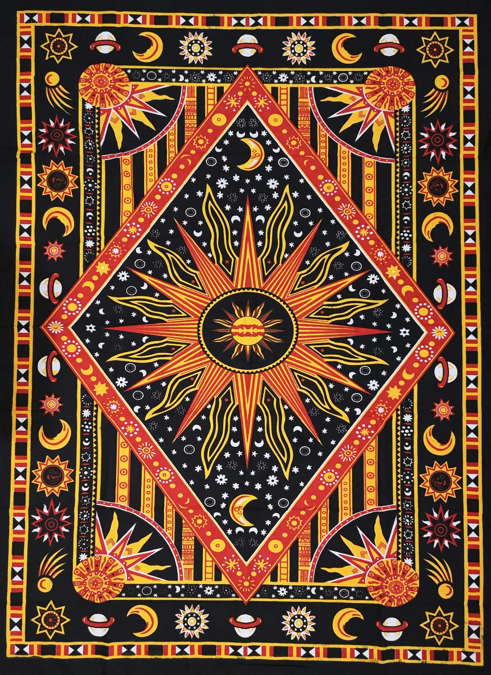 AVA Collections HANDMADE Burning Sun Moon Mandala Cotton Wall Hangings Tapestries Wall Decor Small Poster Boho Decor Size 40" x 30" inches (Orange, Poster Size)