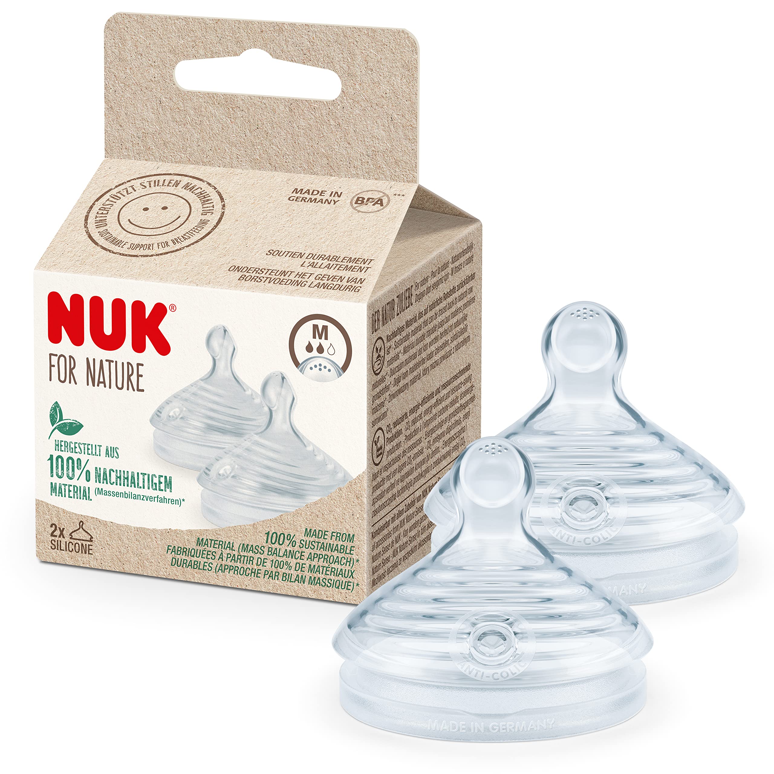 NUK for Nature Replacement Baby Bottle Teats | Medium (6-18 Months) | Breast-Like Silicone with Anti Colic Vent | Sustainable, BPA-Free Materials | 2 Count