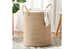 MOJOSCEND Jute Woven Hamper Laundry Basket Small Wicker Rope Clothes Hamper for Baby Nursery Kids Rattan Blanket Basket in Living Room Bedroom