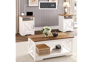 LUXOAK 3-Piece Farmhouse Living Room Table Sets, Includes 1 x Coffee Table, 2 x End Tables with Charging Station & USB Ports, Rustic Coffee Table Set of 3, Distressed White