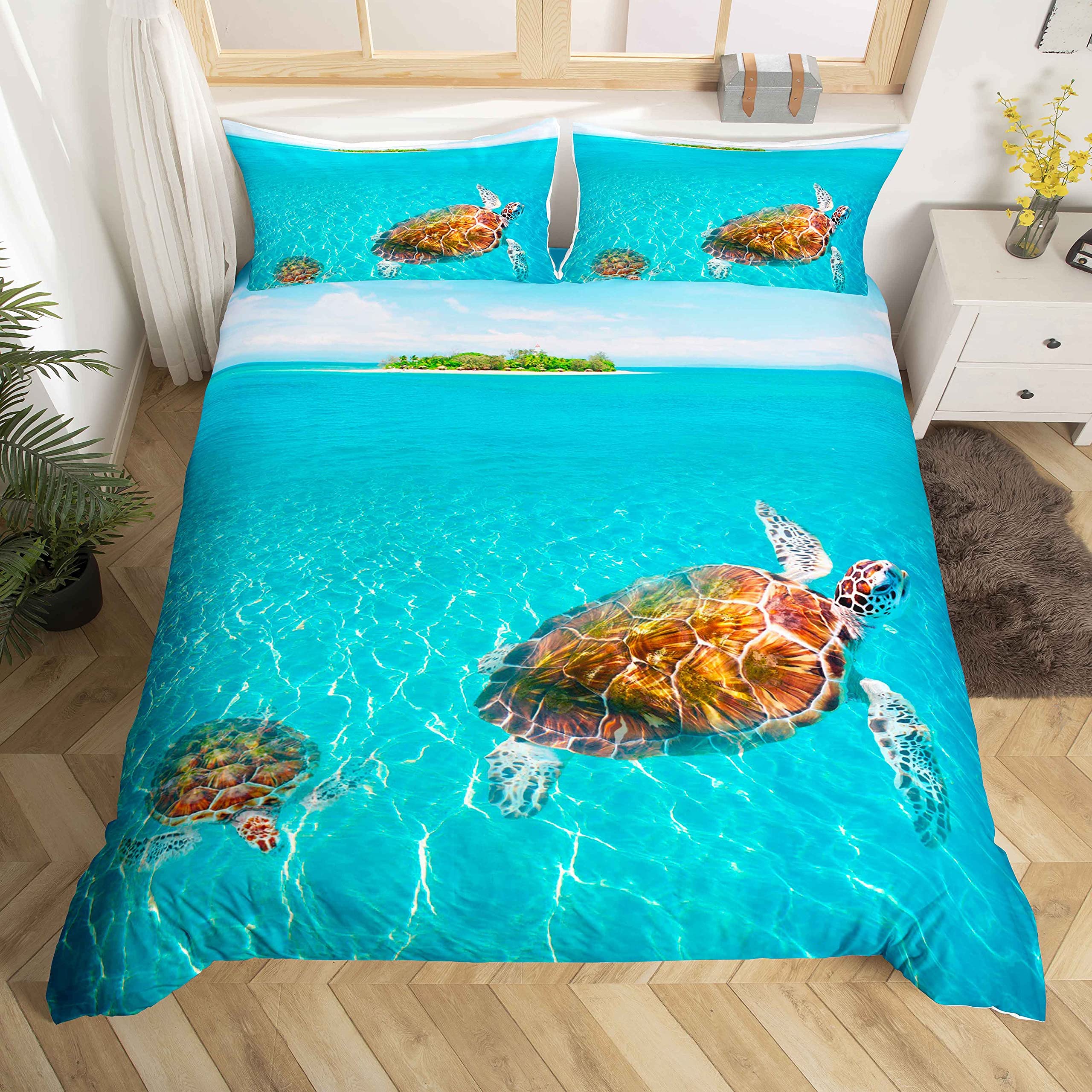 Loussiesd Turtle Duvet Cover Set Double Size Ocean Beach Theme Bedding Set Blue Hawaii Sea Animals Digital Print Microfiber Polyester Comforter Cover with 2 Pillow Shams, Luxury 3 Pieces, Zipper — image 1