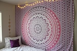 Popular Handicrafts Tapestry Wall Hanging Hippie Mandala Bohemian Hippy Intricate Indian Tapestries Bedspread 54 x 82 Inches (140cm x 210cm) Pink Purple Ombre