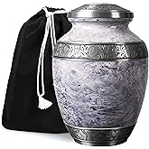 Cremation Urn for Adult Human Ashes - Large Handcrafted Funeral Memorial with Striking White (Pearl) Design (Aluminum - 10 Inch Height x 7 Inch Width)