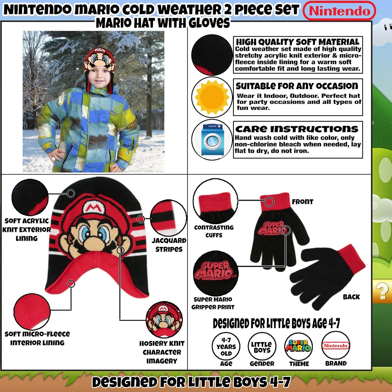 Nintendo Boys' Little Super Mario Hat and Gloves Cold Weather Set, Age 4-7: Clothing