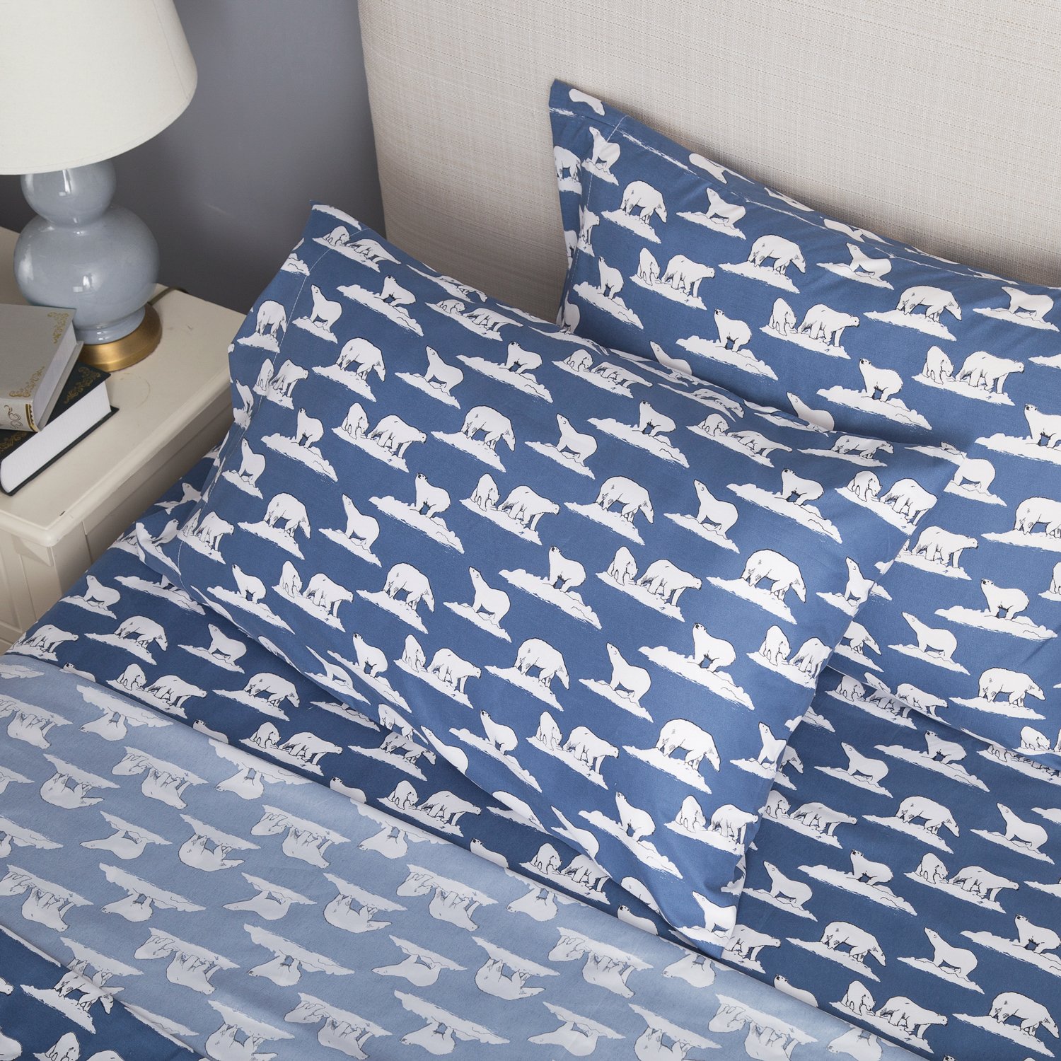 Sheet Set Twin Size Navy Printed Polar Bears Design Bedding Sets with Deep Pocket 3 Piece Soft Smooth Wrinkle&Fade Resistant Hypoallergenic Microfiber Bed Sheets by Bedsure
