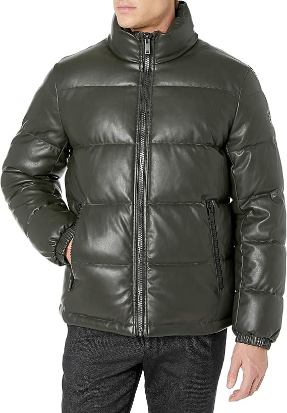 DKNY mens Faux Leather Quilted Ultra Loft Puffer Jacket at Amazon Men’s Clothing store